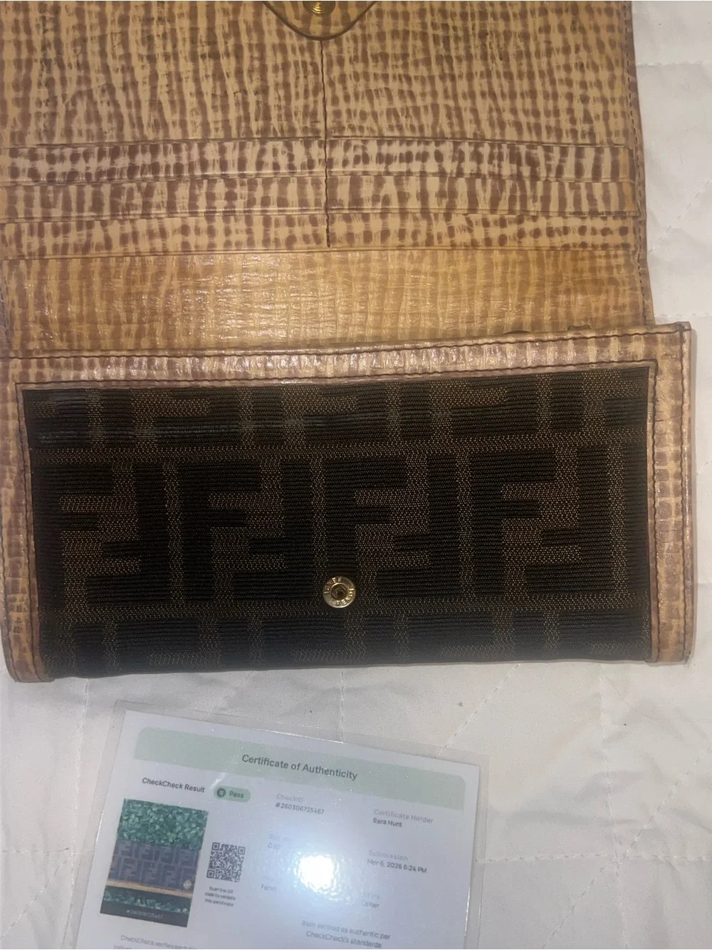 Fendi Brown Zucca Monogram Wallet with Tan Trim